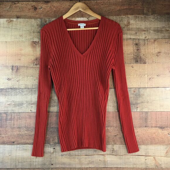 Sundance Sweater Red Orange V Neck Ribbed Knit Organic Cotton Blend Women’s XXL - Picture 1 of 16